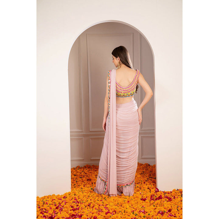 RIYAASAT Melon Peach Mirror Embellished Drape Sharara Saree with Stitched Blouse