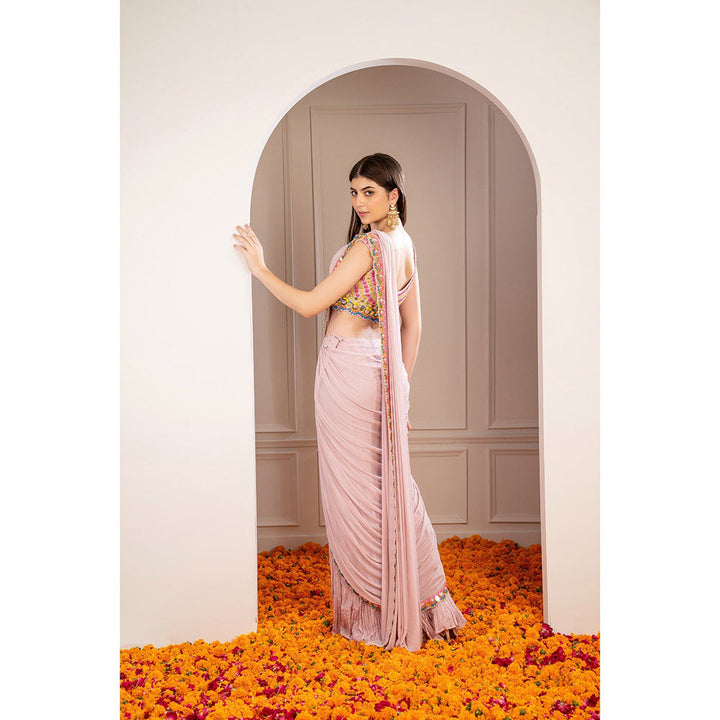 RIYAASAT Melon Peach Mirror Embellished Drape Sharara Saree with Stitched Blouse