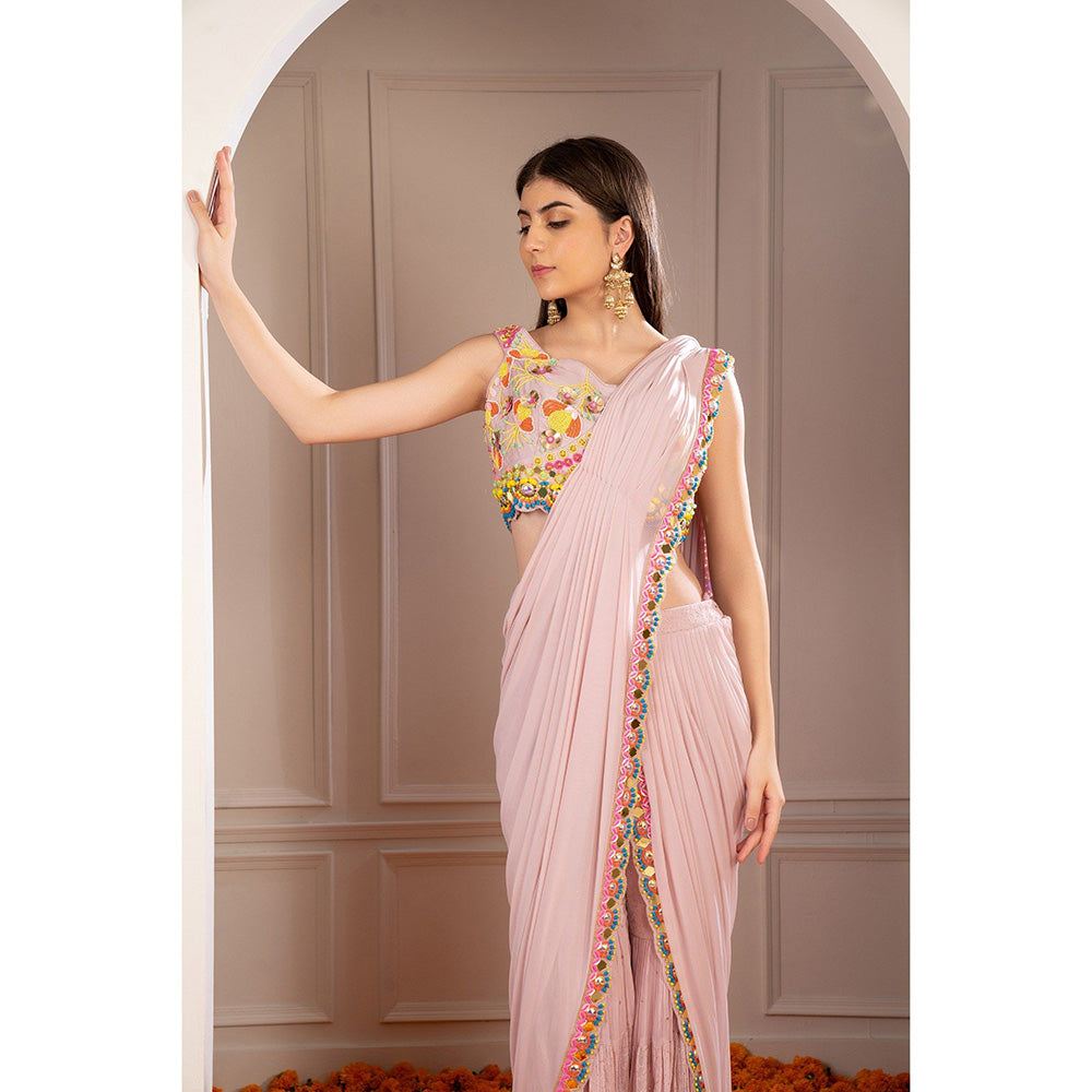 RIYAASAT Melon Peach Mirror Embellished Drape Sharara Saree with Stitched Blouse