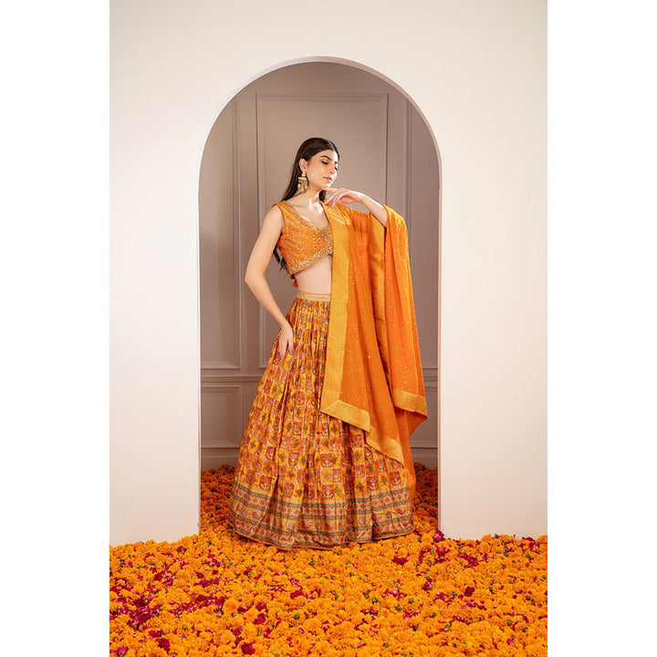 RIYAASAT Orange Soft Silk Hand Embroidered Lehenga with Blouse and Dupatta (Set of 3)