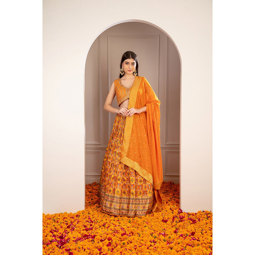 RIYAASAT Orange Soft Silk Hand Embroidered Lehenga with Blouse and Dupatta (Set of 3)