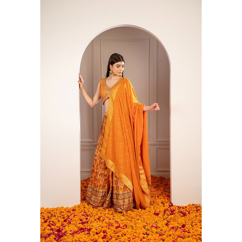 RIYAASAT Orange Soft Silk Hand Embroidered Lehenga with Blouse and Dupatta (Set of 3)