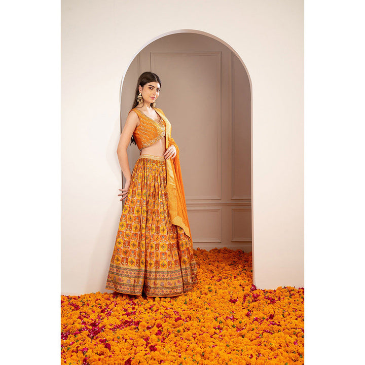 RIYAASAT Orange Soft Silk Hand Embroidered Lehenga with Blouse and Dupatta (Set of 3)