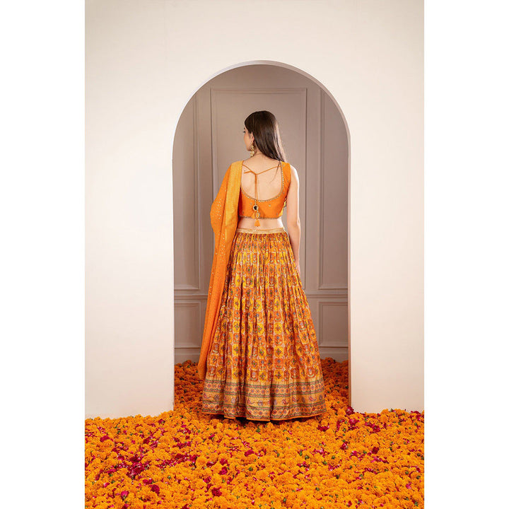 RIYAASAT Orange Soft Silk Hand Embroidered Lehenga with Blouse and Dupatta (Set of 3)