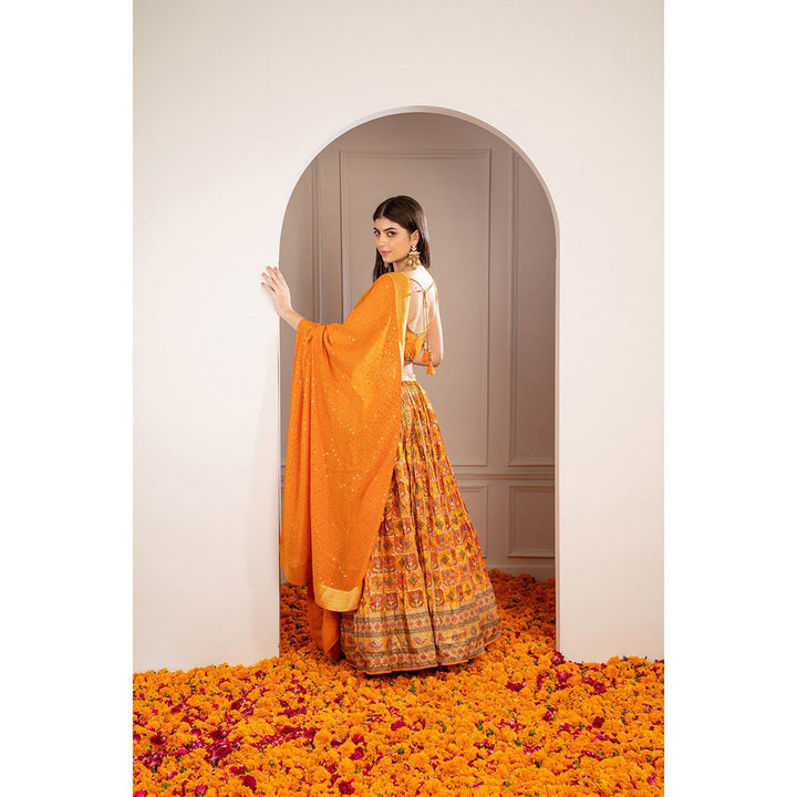 RIYAASAT Orange Soft Silk Hand Embroidered Lehenga with Blouse and Dupatta (Set of 3)