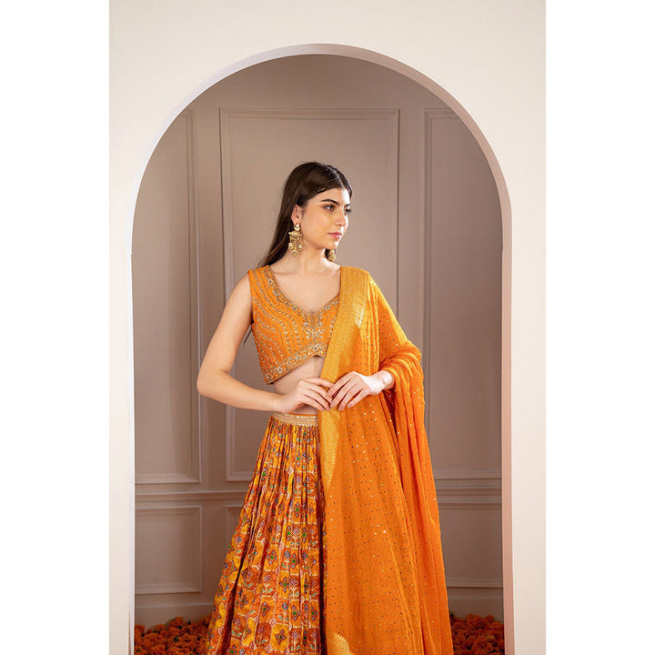 RIYAASAT Orange Soft Silk Hand Embroidered Lehenga with Blouse and Dupatta (Set of 3)