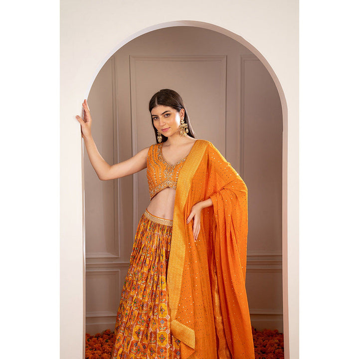 RIYAASAT Orange Soft Silk Hand Embroidered Lehenga with Blouse and Dupatta (Set of 3)