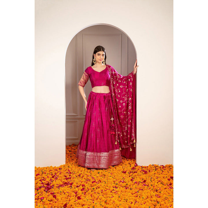 RIYAASAT Magenta Pink Satin Silk Sequinned Lehenga with Blouse and Dupatta (Set of 3)