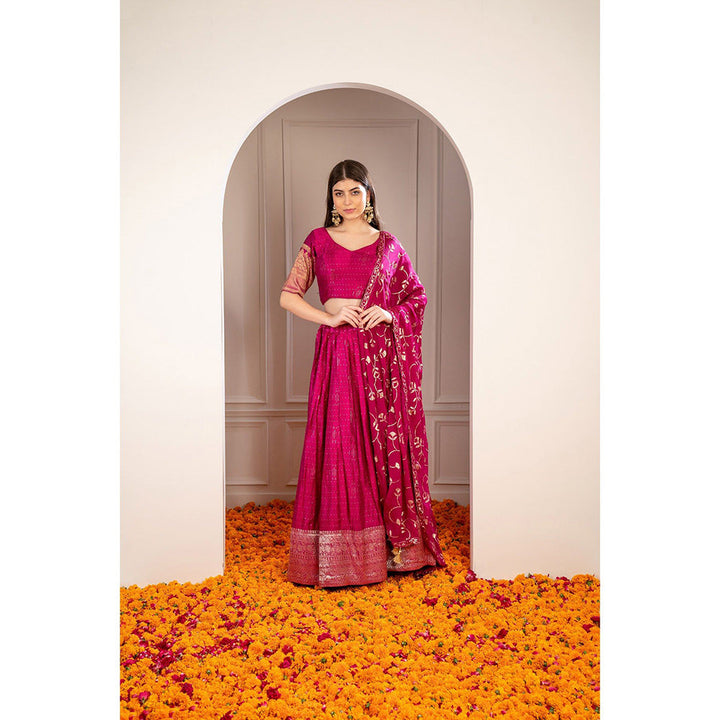 RIYAASAT Magenta Pink Satin Silk Sequinned Lehenga with Blouse and Dupatta (Set of 3)