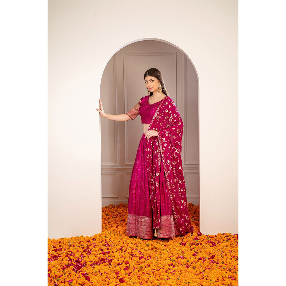 RIYAASAT Magenta Pink Satin Silk Sequinned Lehenga with Blouse and Dupatta (Set of 3)