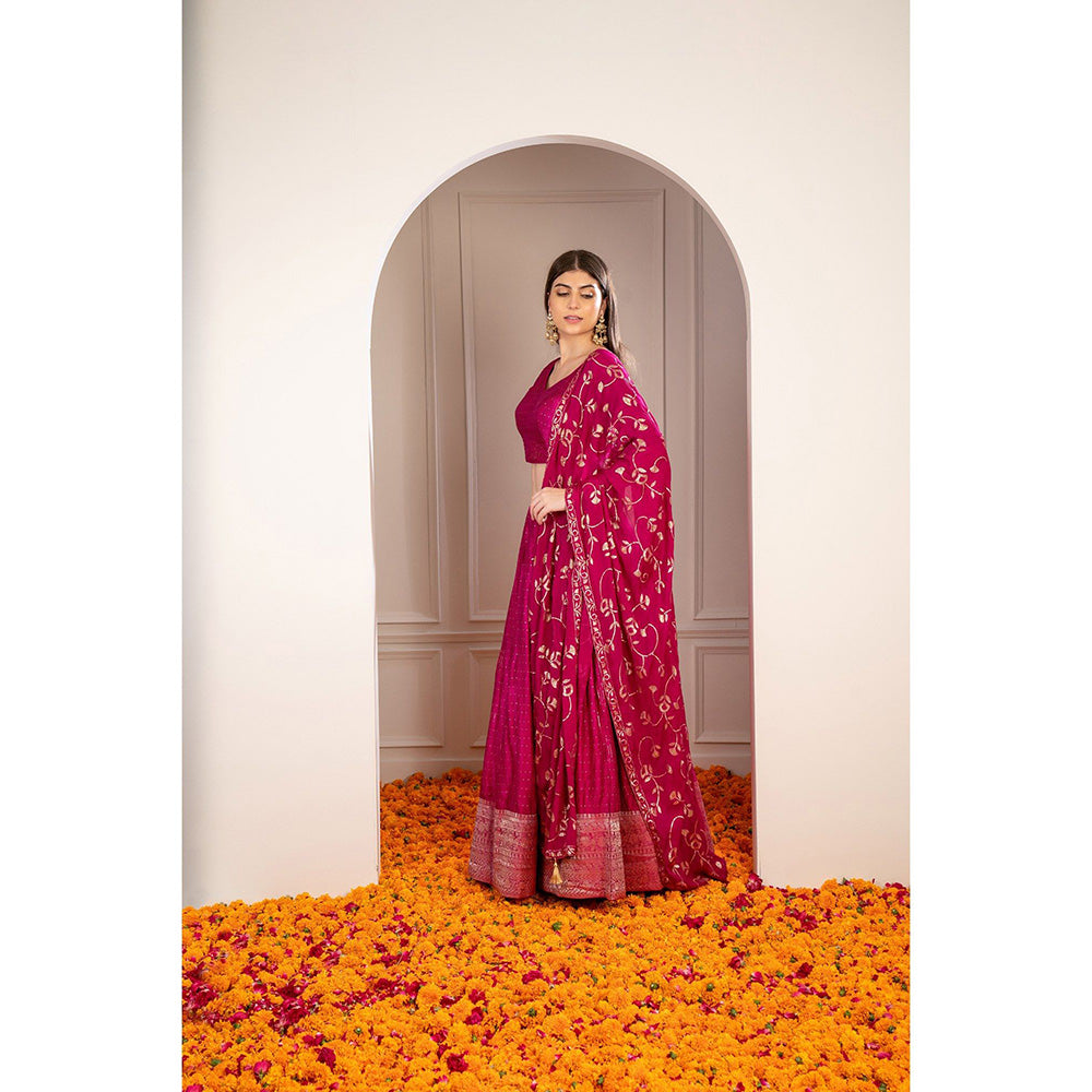 RIYAASAT Magenta Pink Satin Silk Sequinned Lehenga with Blouse and Dupatta (Set of 3)