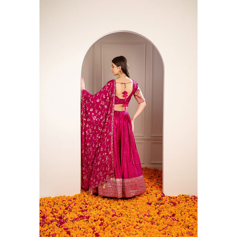 RIYAASAT Magenta Pink Satin Silk Sequinned Lehenga with Blouse and Dupatta (Set of 3)