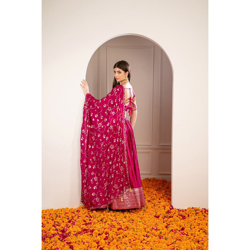 RIYAASAT Magenta Pink Satin Silk Sequinned Lehenga with Blouse and Dupatta (Set of 3)