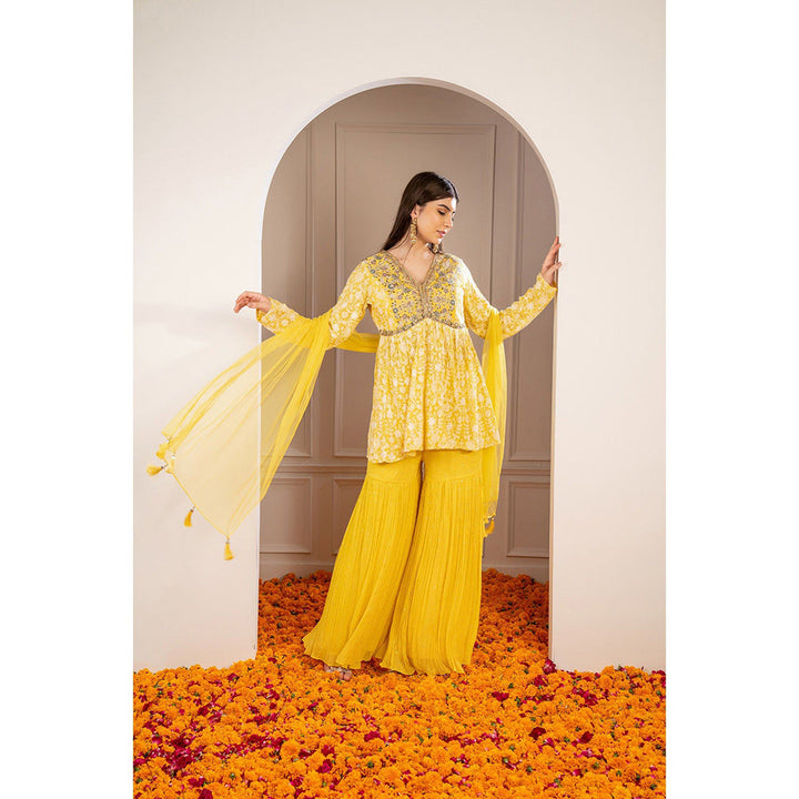 RIYAASAT Yellow Georgette Embroidered Indo Western Sharara with Kurta and Dupatta (Set of 3)