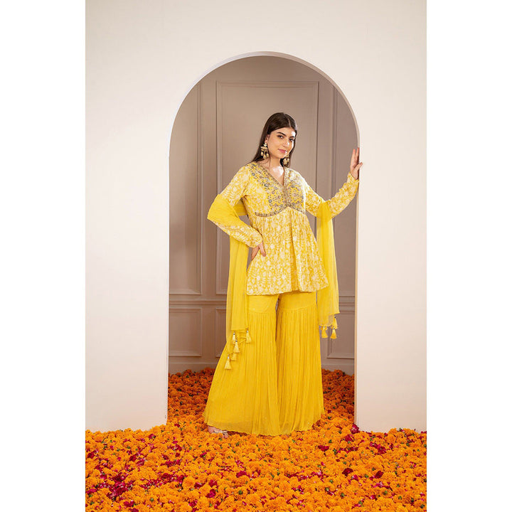 RIYAASAT Yellow Georgette Embroidered Indo Western Sharara with Kurta and Dupatta (Set of 3)