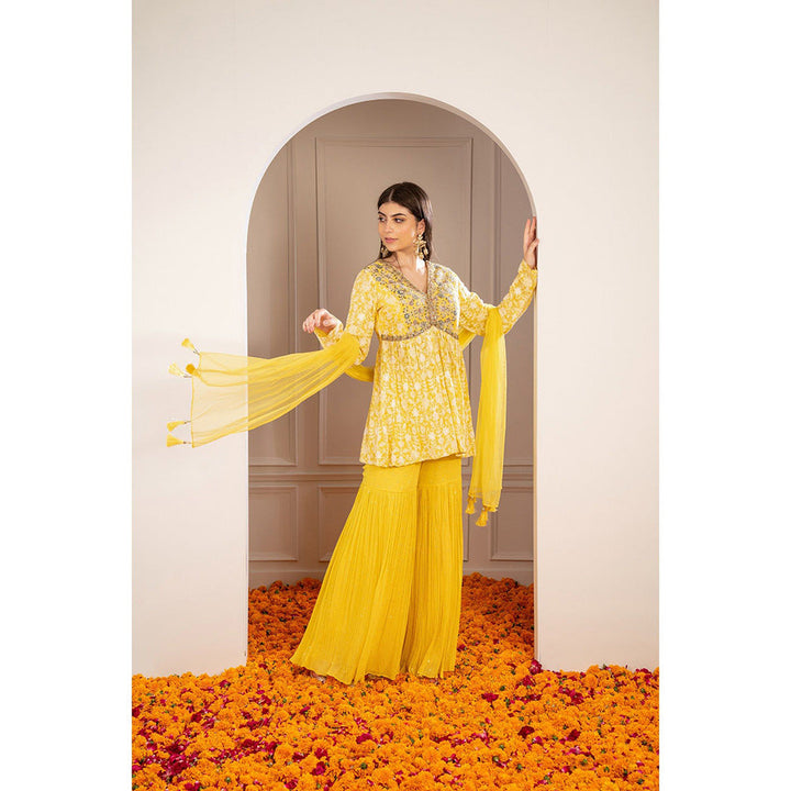 RIYAASAT Yellow Georgette Embroidered Indo Western Sharara with Kurta and Dupatta (Set of 3)