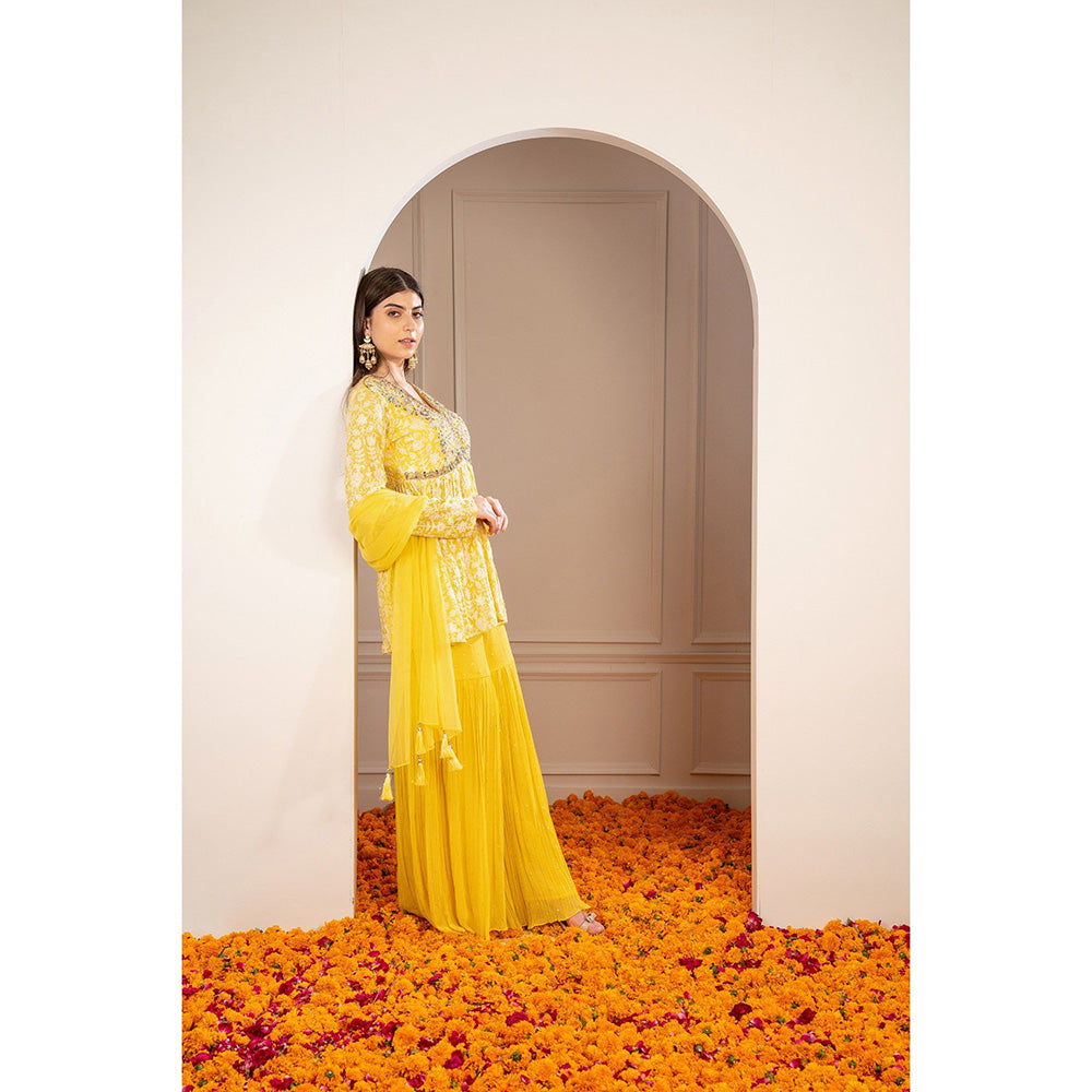 RIYAASAT Yellow Georgette Embroidered Indo Western Sharara with Kurta and Dupatta (Set of 3)