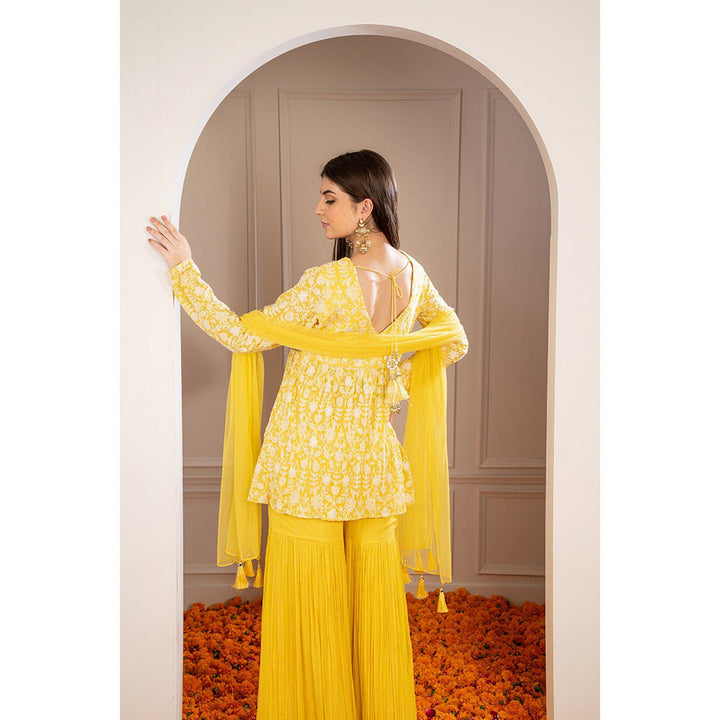 RIYAASAT Yellow Georgette Embroidered Indo Western Sharara with Kurta and Dupatta (Set of 3)