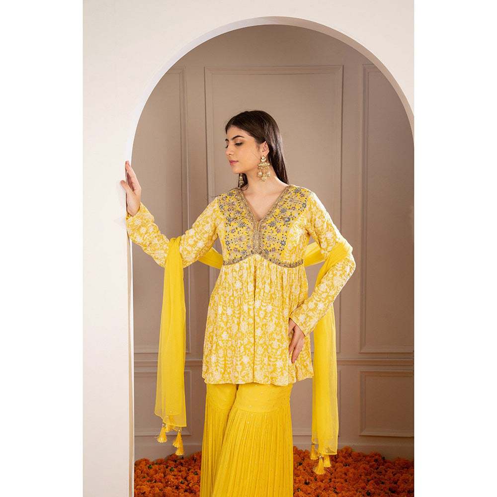 RIYAASAT Yellow Georgette Embroidered Indo Western Sharara with Kurta and Dupatta (Set of 3)