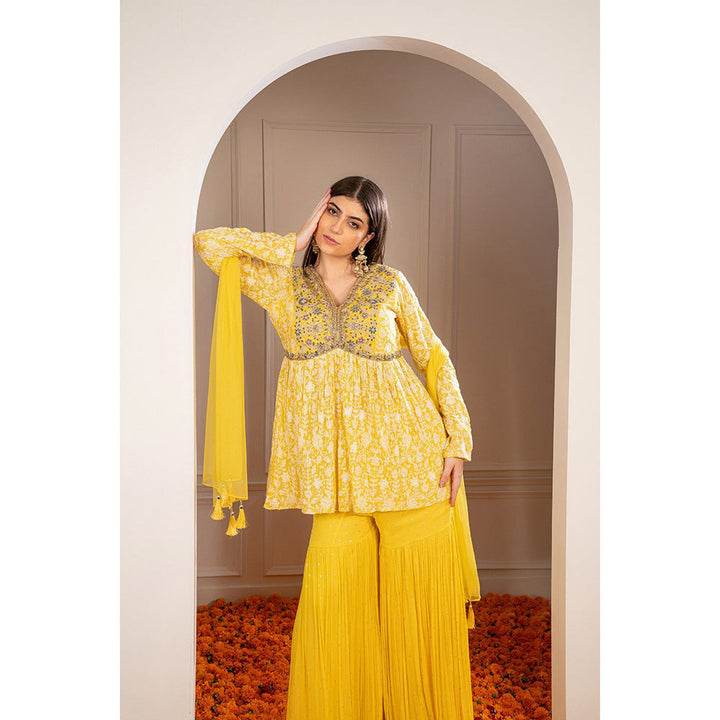 RIYAASAT Yellow Georgette Embroidered Indo Western Sharara with Kurta and Dupatta (Set of 3)