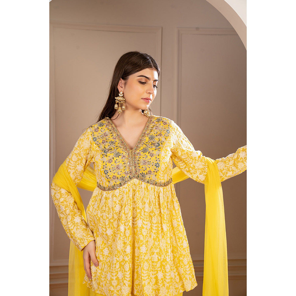 RIYAASAT Yellow Georgette Embroidered Indo Western Sharara with Kurta and Dupatta (Set of 3)