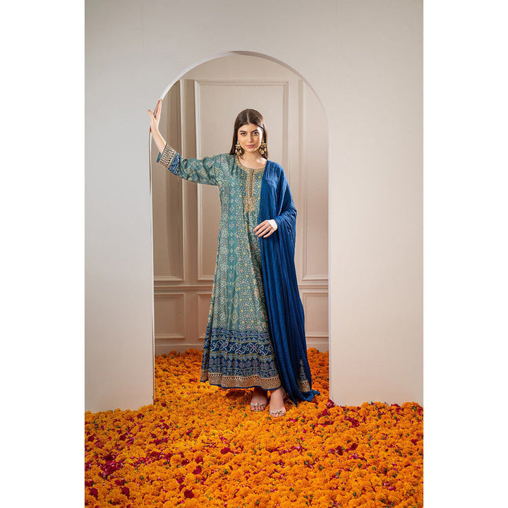 RIYAASAT Teal Printed Soft Silk Embroidered Anarkali with Pant and Dupatta (Set of 3)