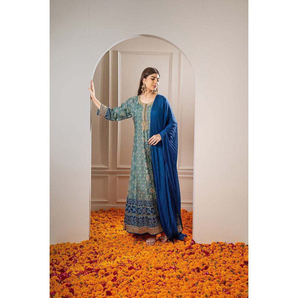 RIYAASAT Teal Printed Soft Silk Embroidered Anarkali with Pant and Dupatta (Set of 3)