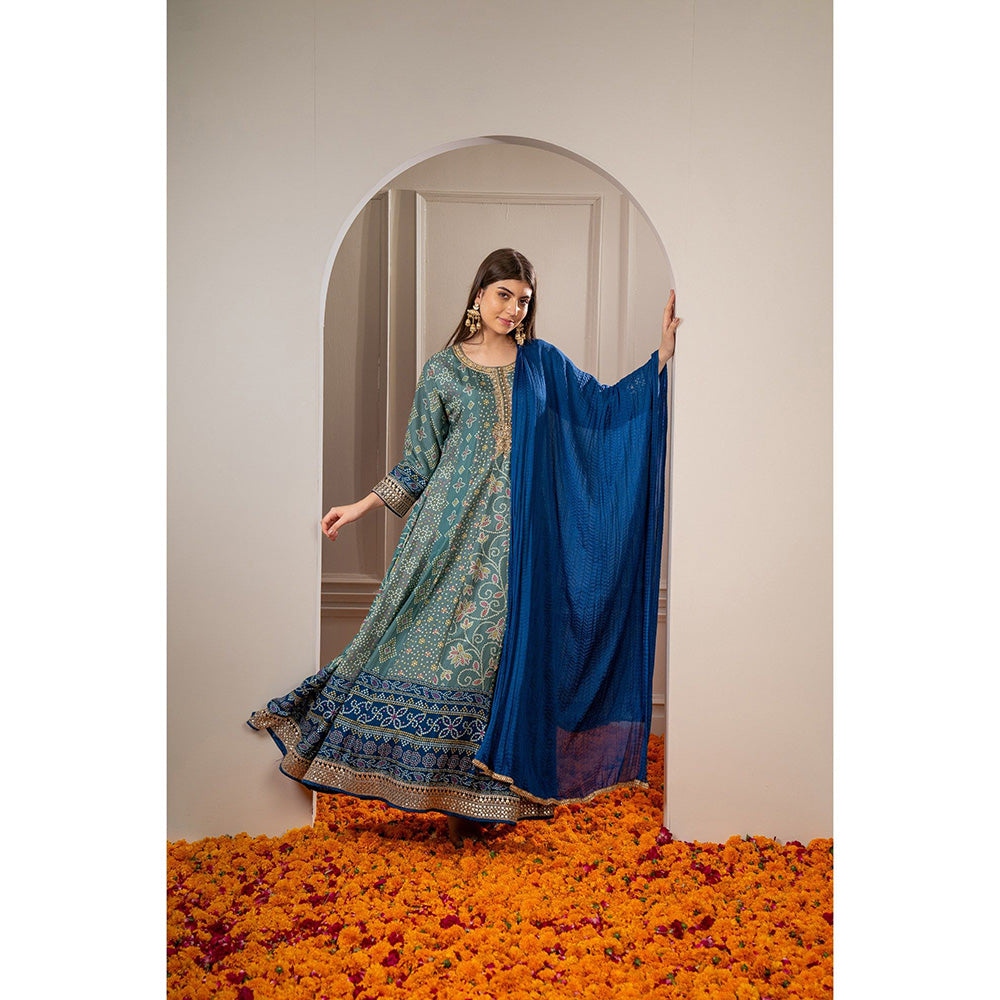 RIYAASAT Teal Printed Soft Silk Embroidered Anarkali with Pant and Dupatta (Set of 3)