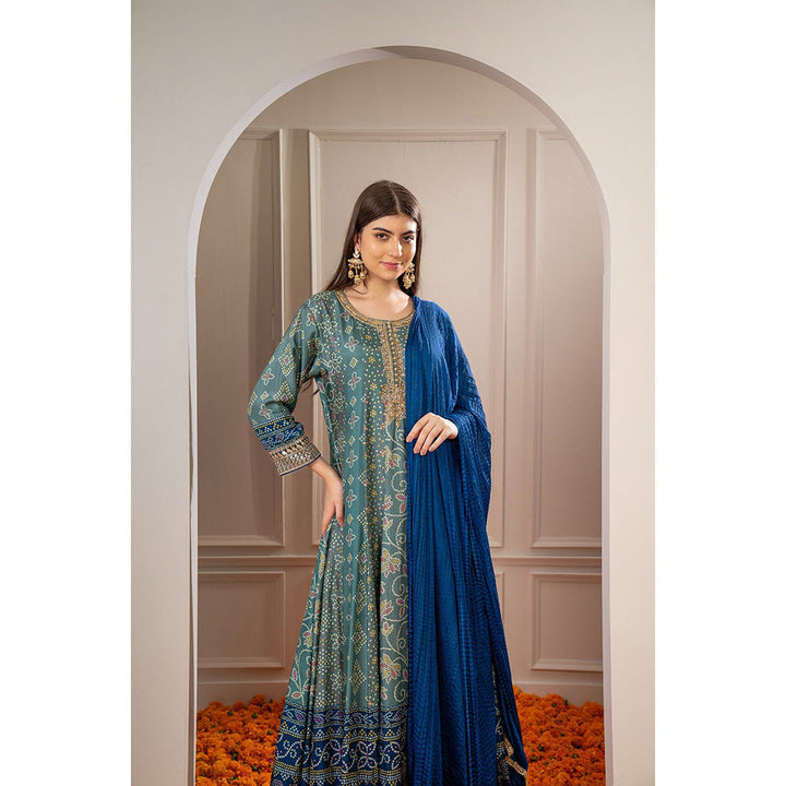 RIYAASAT Teal Printed Soft Silk Embroidered Anarkali with Pant and Dupatta (Set of 3)