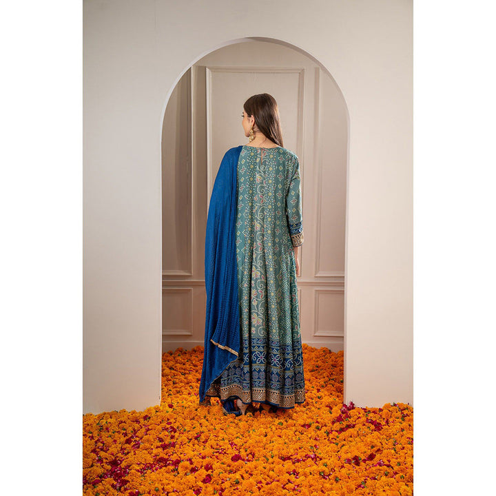 RIYAASAT Teal Printed Soft Silk Embroidered Anarkali with Pant and Dupatta (Set of 3)