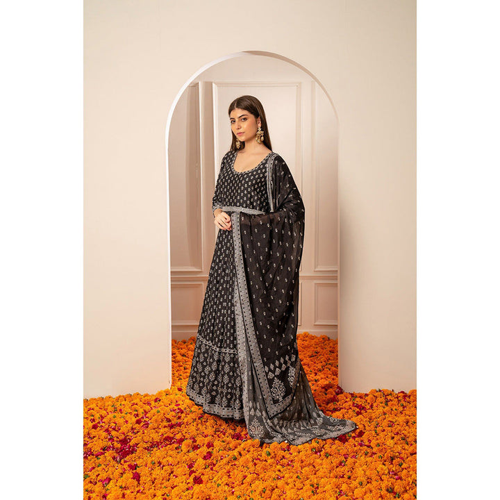 RIYAASAT Black Semi Silk Printed Anarkali with Pant and Dupatta (Set of 3)