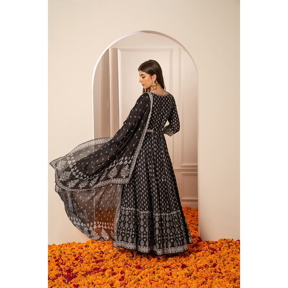 RIYAASAT Black Semi Silk Printed Anarkali with Pant and Dupatta (Set of 3)