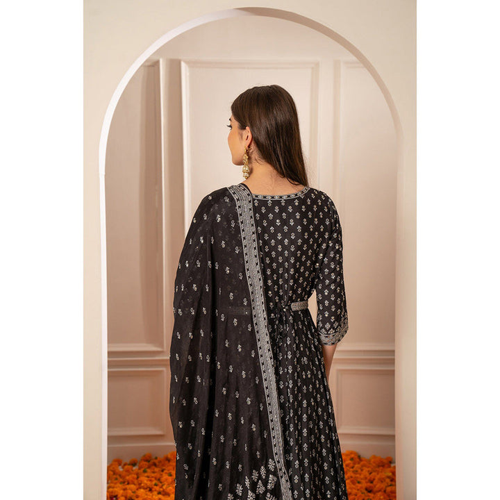 RIYAASAT Black Semi Silk Printed Anarkali with Pant and Dupatta (Set of 3)