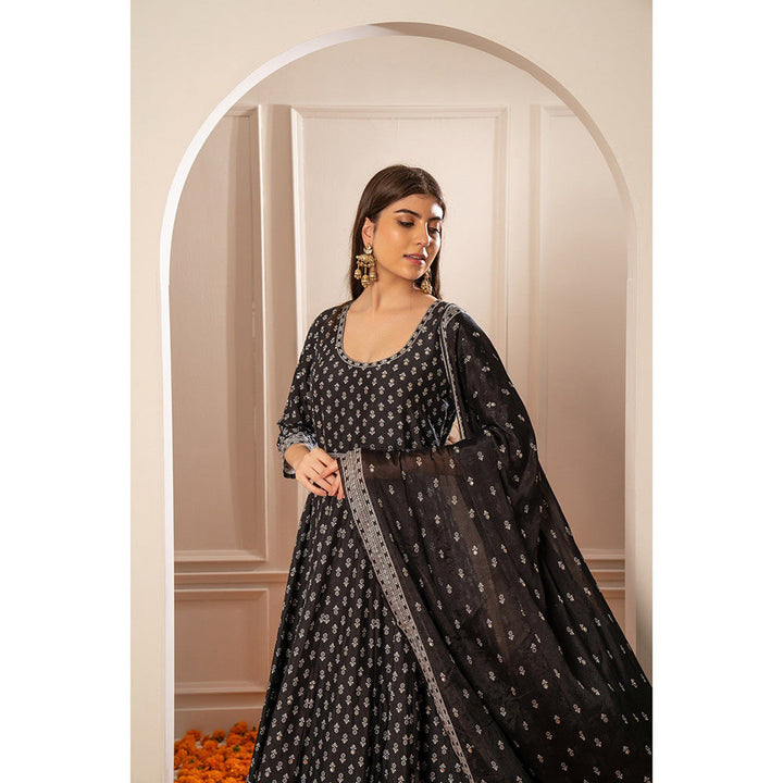 RIYAASAT Black Semi Silk Printed Anarkali with Pant and Dupatta (Set of 3)