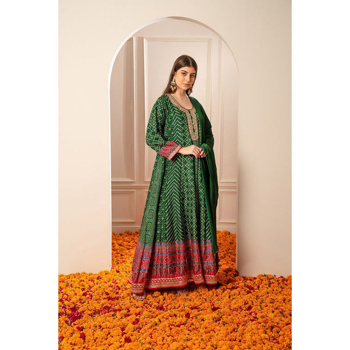 RIYAASAT Alpine Green Satin Silk Printed Anarkali with Pant and Dupatta (Set of 3)