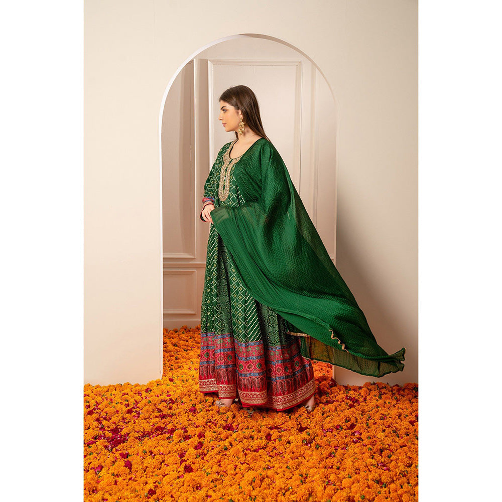 RIYAASAT Alpine Green Satin Silk Printed Anarkali with Pant and Dupatta (Set of 3)