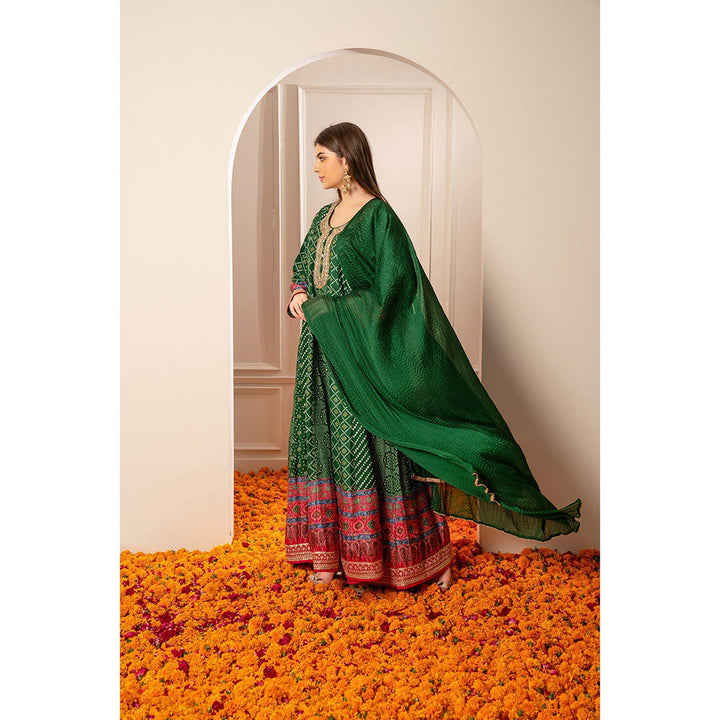 RIYAASAT Alpine Green Satin Silk Printed Anarkali with Pant and Dupatta (Set of 3)