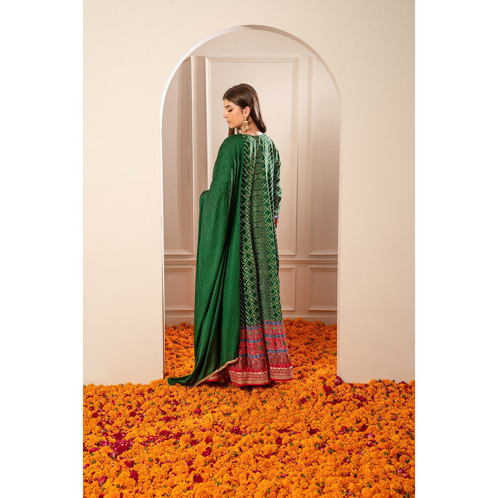 RIYAASAT Alpine Green Satin Silk Printed Anarkali with Pant and Dupatta (Set of 3)