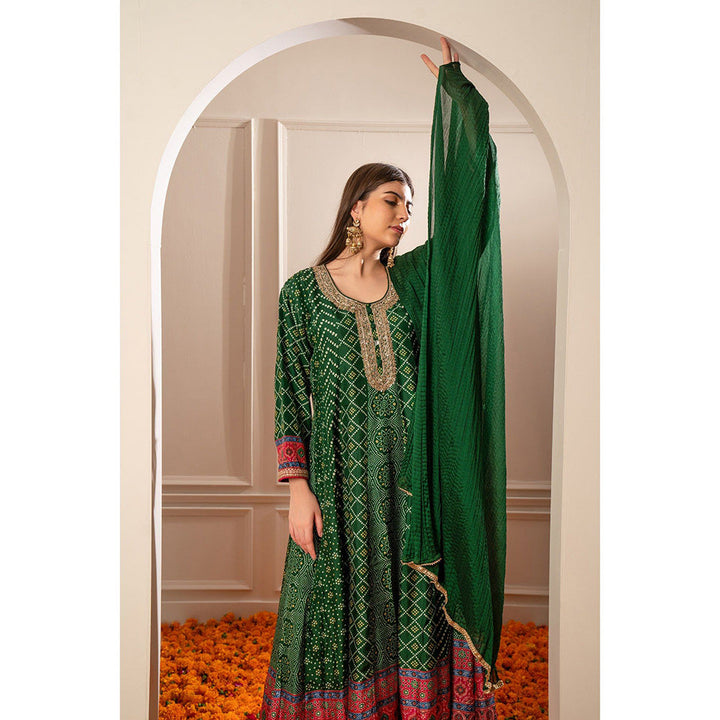 RIYAASAT Alpine Green Satin Silk Printed Anarkali with Pant and Dupatta (Set of 3)