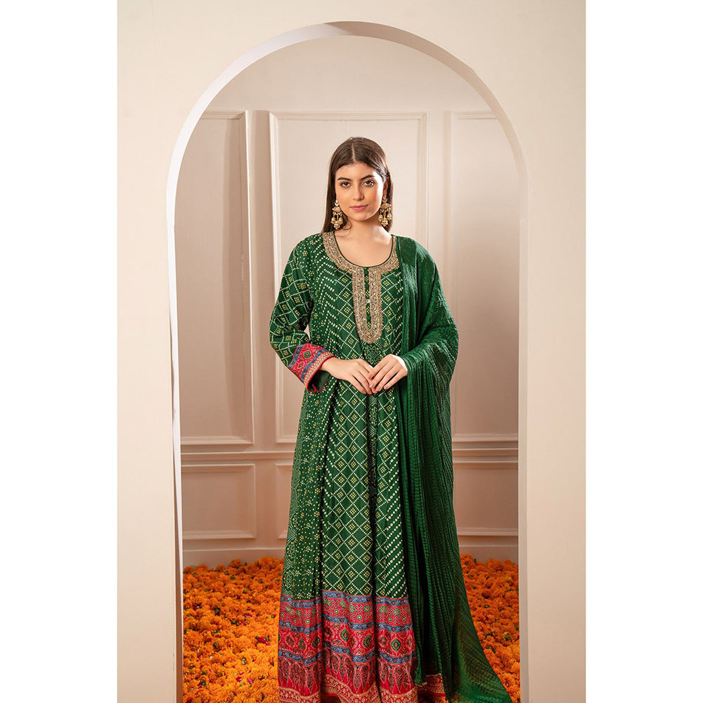 RIYAASAT Alpine Green Satin Silk Printed Anarkali with Pant and Dupatta (Set of 3)