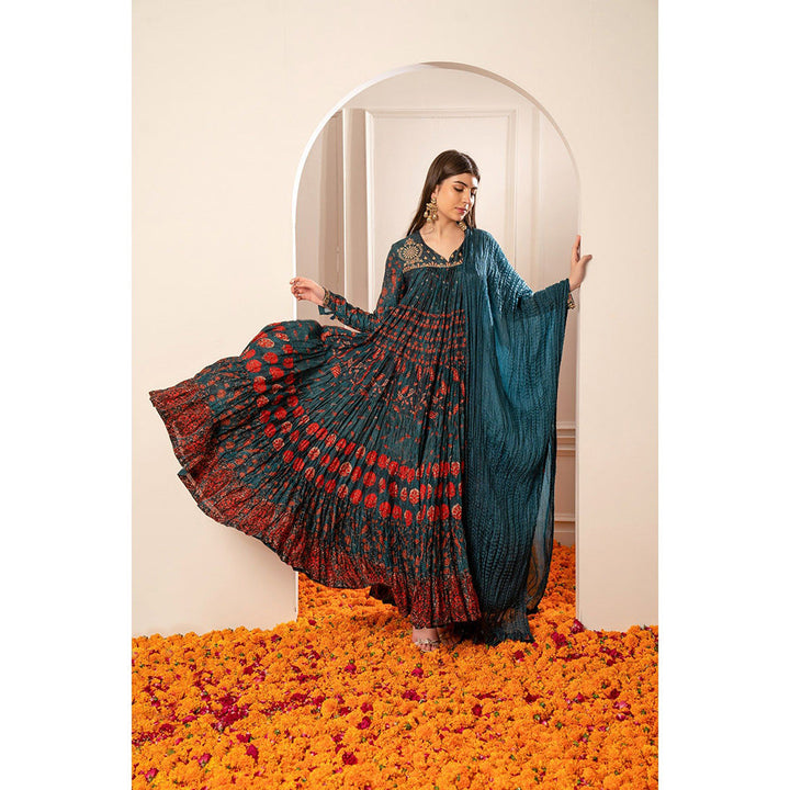 RIYAASAT Peacock Blue Soft Silk Printed Anarkali with Pant and Dupatta (Set of 3)