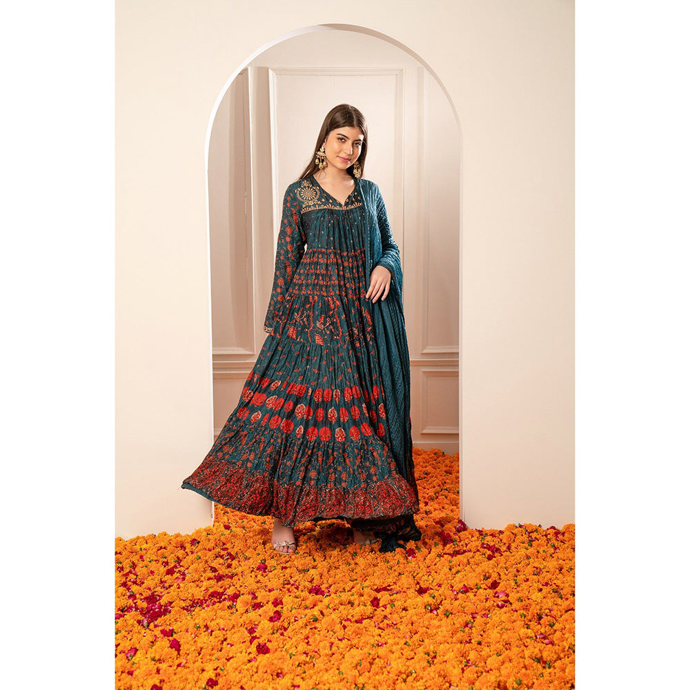 RIYAASAT Peacock Blue Soft Silk Printed Anarkali with Pant and Dupatta (Set of 3)