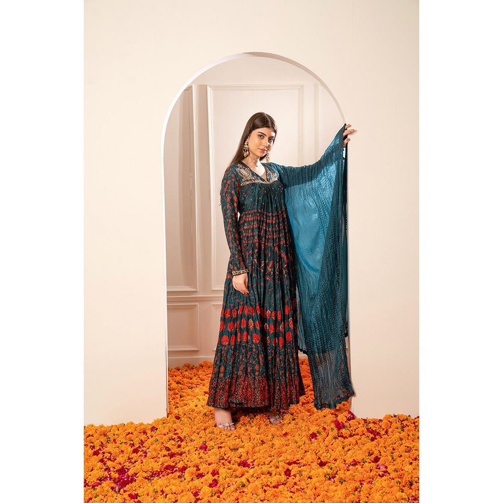 RIYAASAT Peacock Blue Soft Silk Printed Anarkali with Pant and Dupatta (Set of 3)