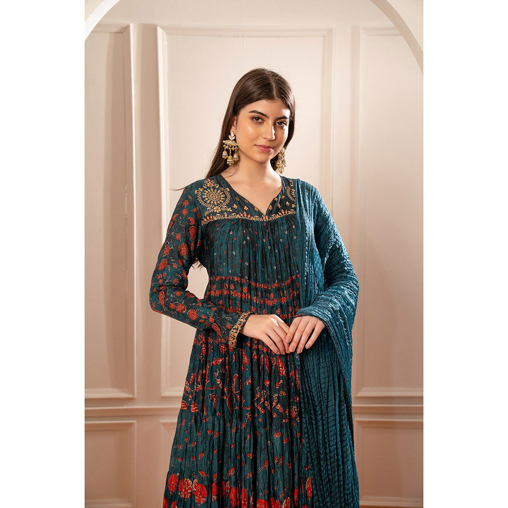 RIYAASAT Peacock Blue Soft Silk Printed Anarkali with Pant and Dupatta (Set of 3)