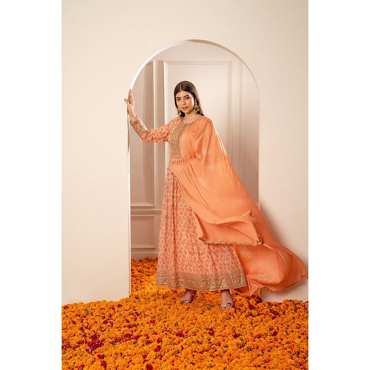 RIYAASAT Bright Peach Printed Gota Patti Organza Anarkali with Pant and Dupatta (Set of 3)