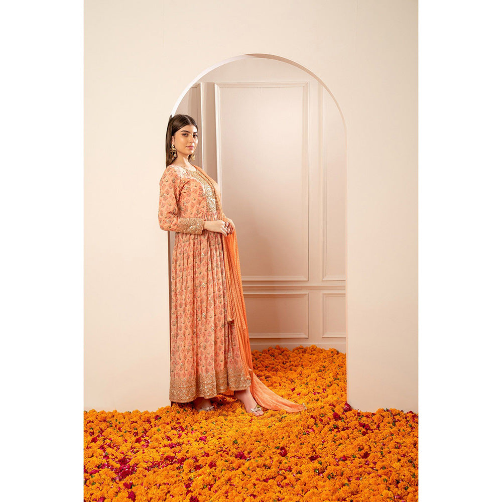 RIYAASAT Bright Peach Printed Gota Patti Organza Anarkali with Pant and Dupatta (Set of 3)