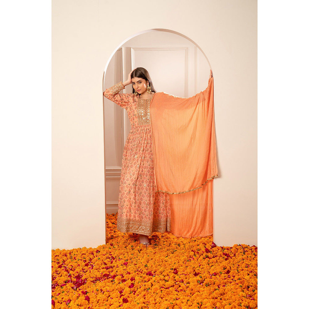 RIYAASAT Bright Peach Printed Gota Patti Organza Anarkali with Pant and Dupatta (Set of 3)