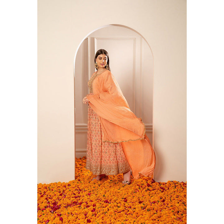 RIYAASAT Bright Peach Printed Gota Patti Organza Anarkali with Pant and Dupatta (Set of 3)