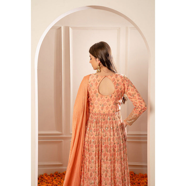 RIYAASAT Bright Peach Printed Gota Patti Organza Anarkali with Pant and Dupatta (Set of 3)