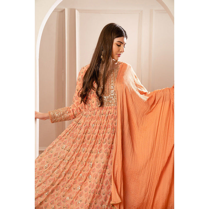 RIYAASAT Bright Peach Printed Gota Patti Organza Anarkali with Pant and Dupatta (Set of 3)